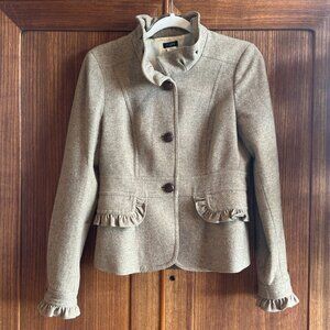 J. Crew Herringbone Jacket, Leather Buttons, Ruffle Details